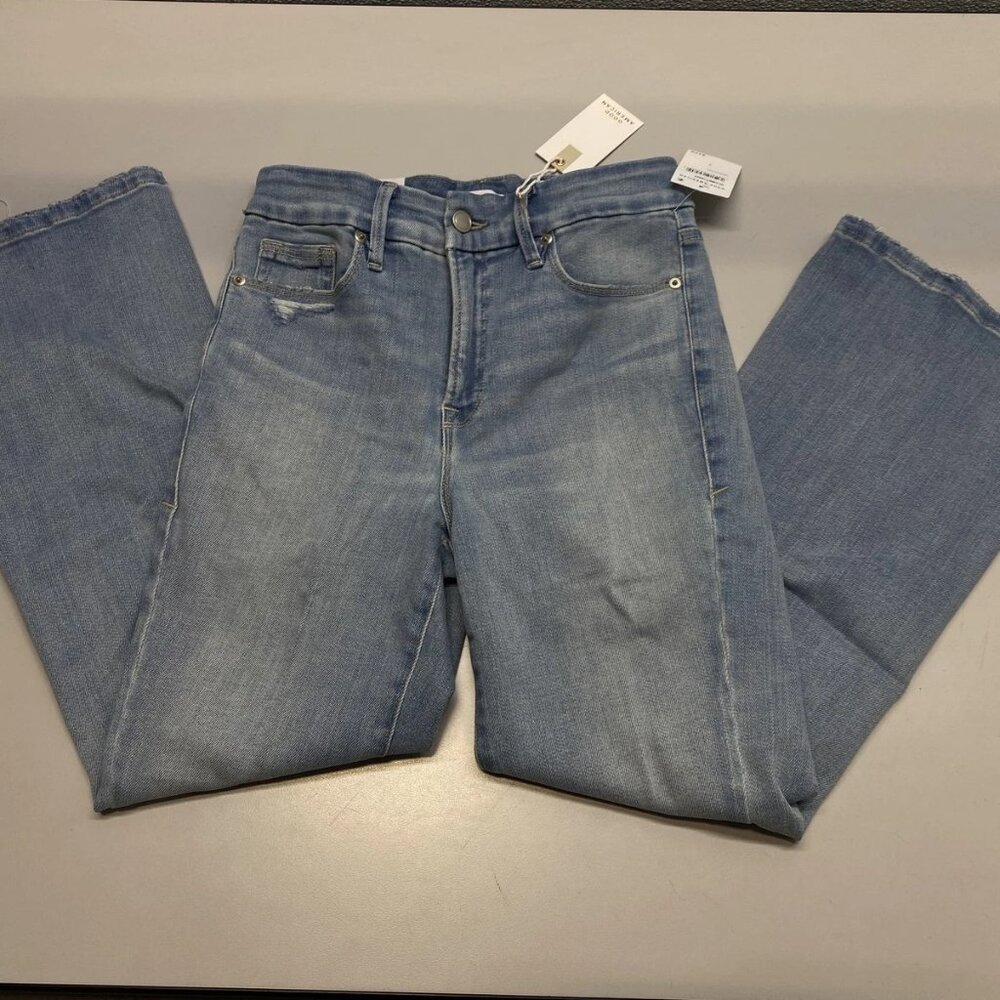 NEW GOOD AMERICANS Good Legs Crop Mini Boot Jeans – Light Blue Soft Tech – 10